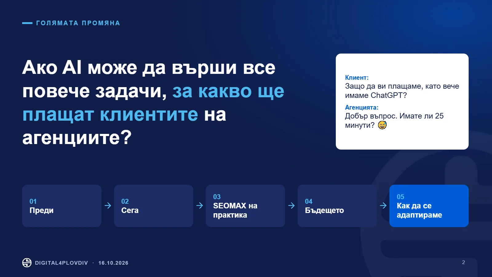 Слайд 2: Ако AI може да върши все повече задачи, за какво ще плащат клиентите на агенциите?