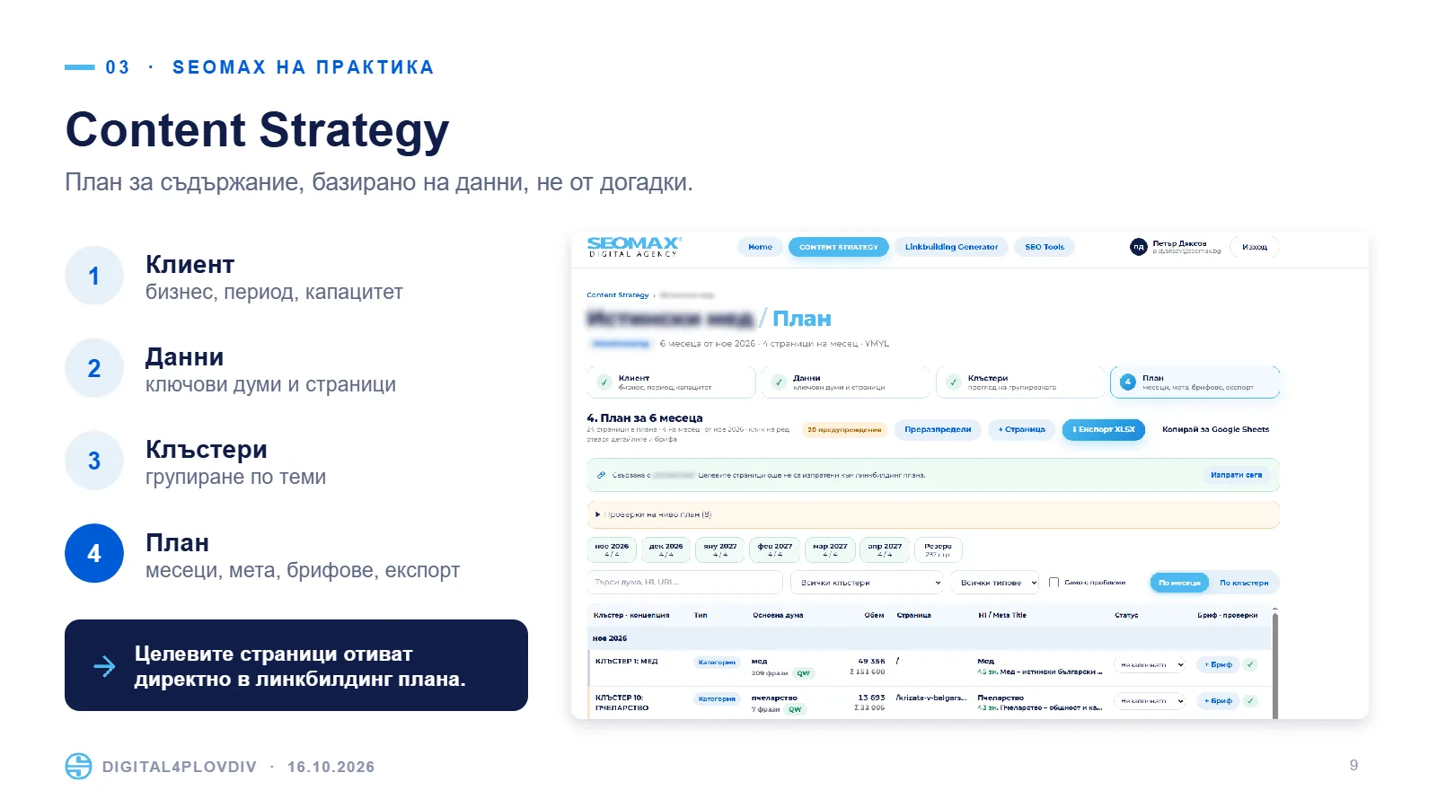 Слайд 9: Content Strategy: план за съдържание, базиран на данни